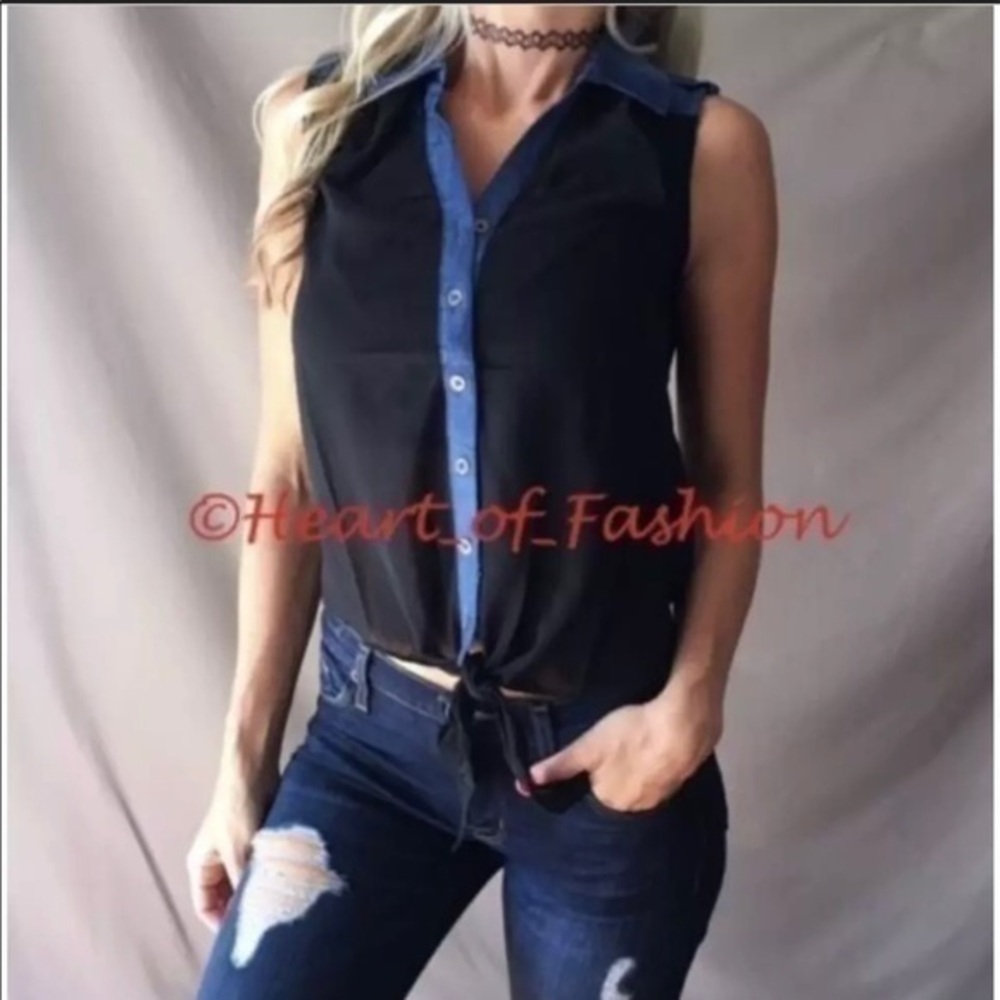 Sheer Button Down Tie Front Sleeveless Top